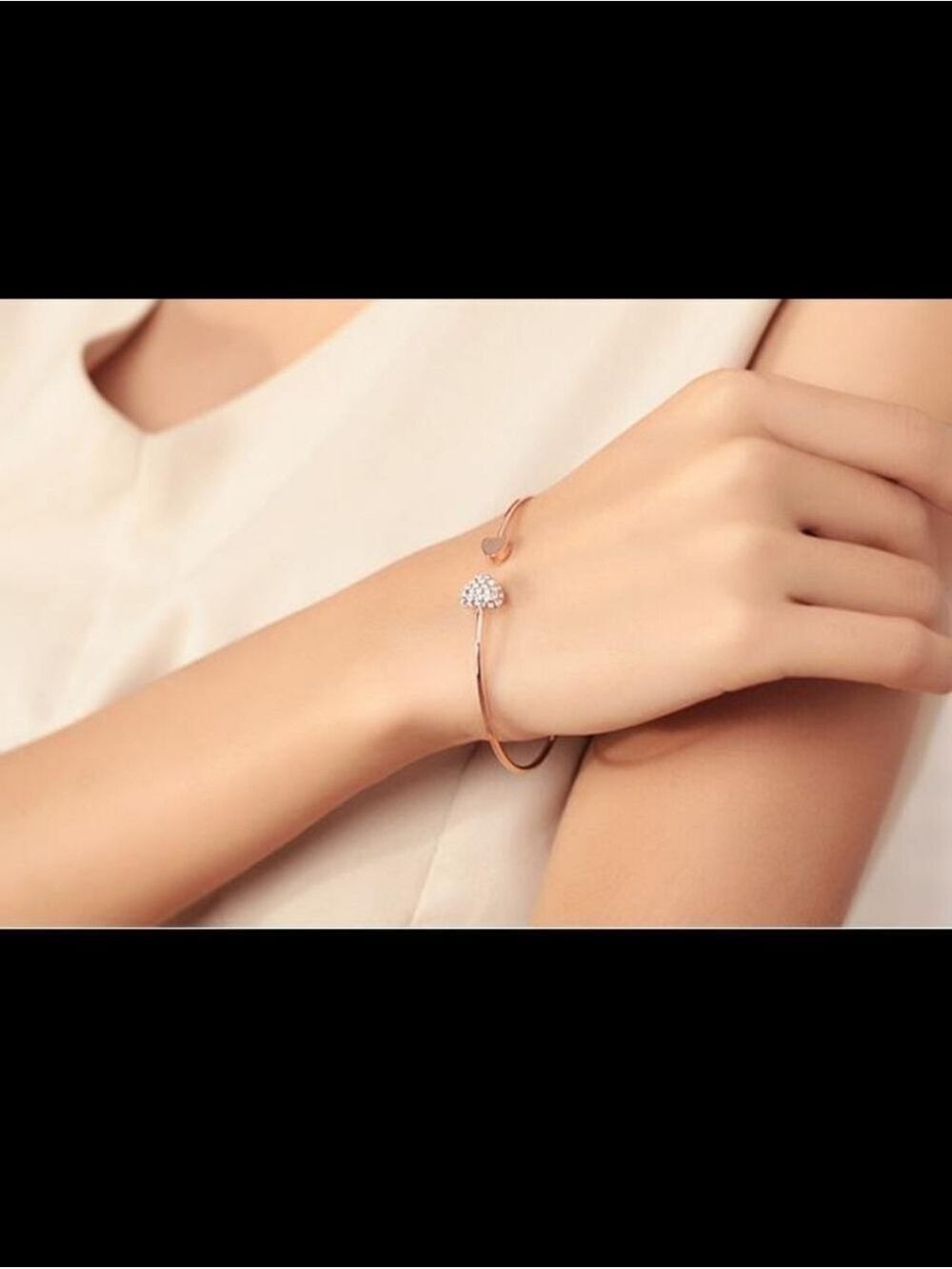 Rose Gold Alloy Heart Rhinestone Open Cuff Bangle Bracelet - Picture 8 of 12
